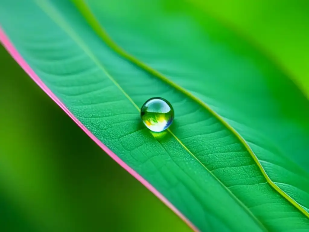 Un micropoema de poesía lírica: una gota de rocío en una hoja verde vibrante al amanecer, reflejando la luz del alba en un brillo etéreo