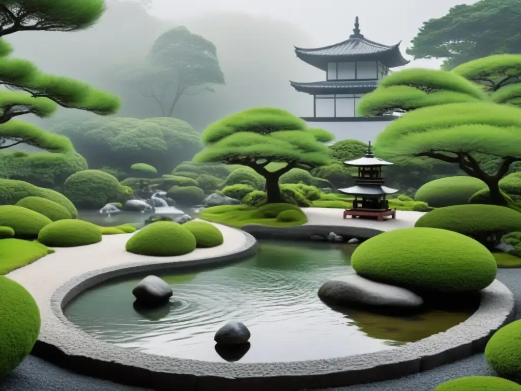 Ilustración minimalista en blanco y negro de un apacible jardín zen con un arroyo, vegetación exuberante y una linterna japonesa de piedra