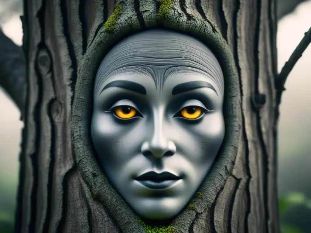 Prosopopeya en la poesía: ilustración minimalista en blanco y negro de un árbol con rostro humano integrado sutilmente en la corteza, fusionando naturaleza y humanidad