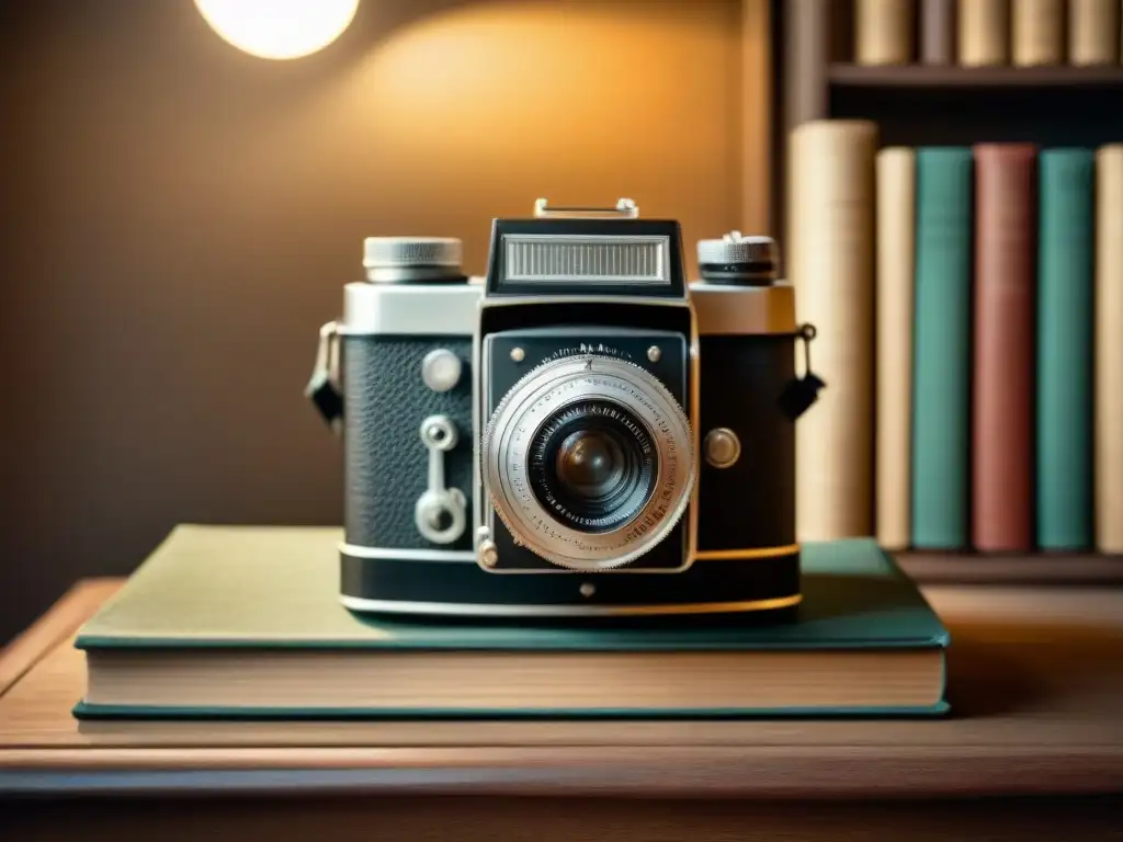 Una fotografía minimalista en blanco y negro de una cámara vintage sobre libros antiguos, iluminada por una suave luz