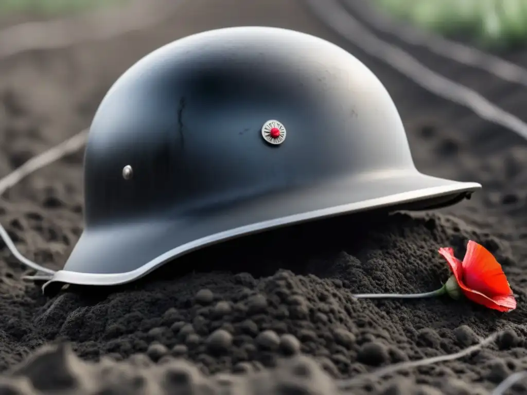 Ilustración minimalista en blanco y negro de un casco de soldado enlodado entre alambres de púas, con una amapola roja brotando