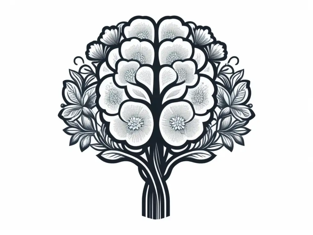 Ilustración minimalista en blanco y negro de un cerebro humano entretejido con flores en flor, simbolizando la conexión entre la mente y la creatividad en la introspección a través de la poesía