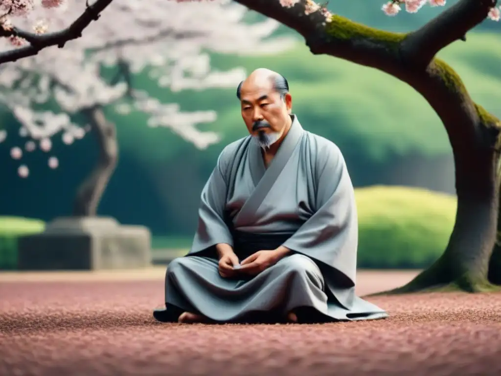 Ilustración minimalista en blanco y negro de Matsuo Basho bajo un cerezo en flor, escribiendo poesía en un pergamino