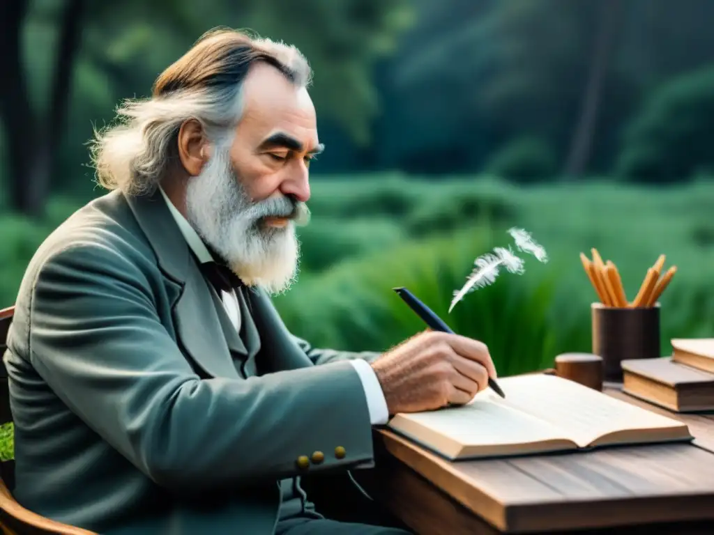 Ilustración minimalista en blanco y negro de Walt Whitman escribiendo apasionadamente en un diario, rodeado de naturaleza