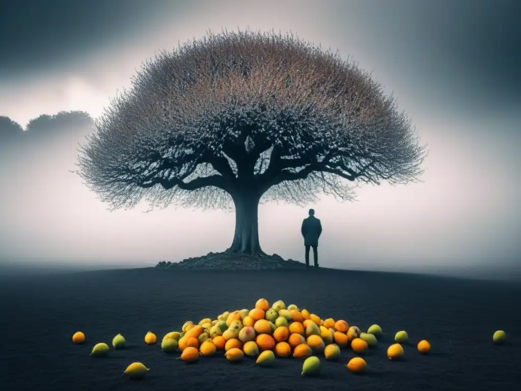 Ilustración minimalista en blanco y negro de una figura solitaria entre un paisaje árido, con un árbol que tiene frutos opuestos