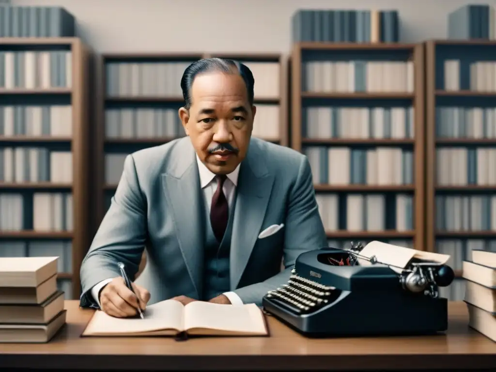 Ilustración minimalista en blanco y negro de Langston Hughes en su escritorio, rodeado de libros y papeles, reflejando su compromiso con la poesía