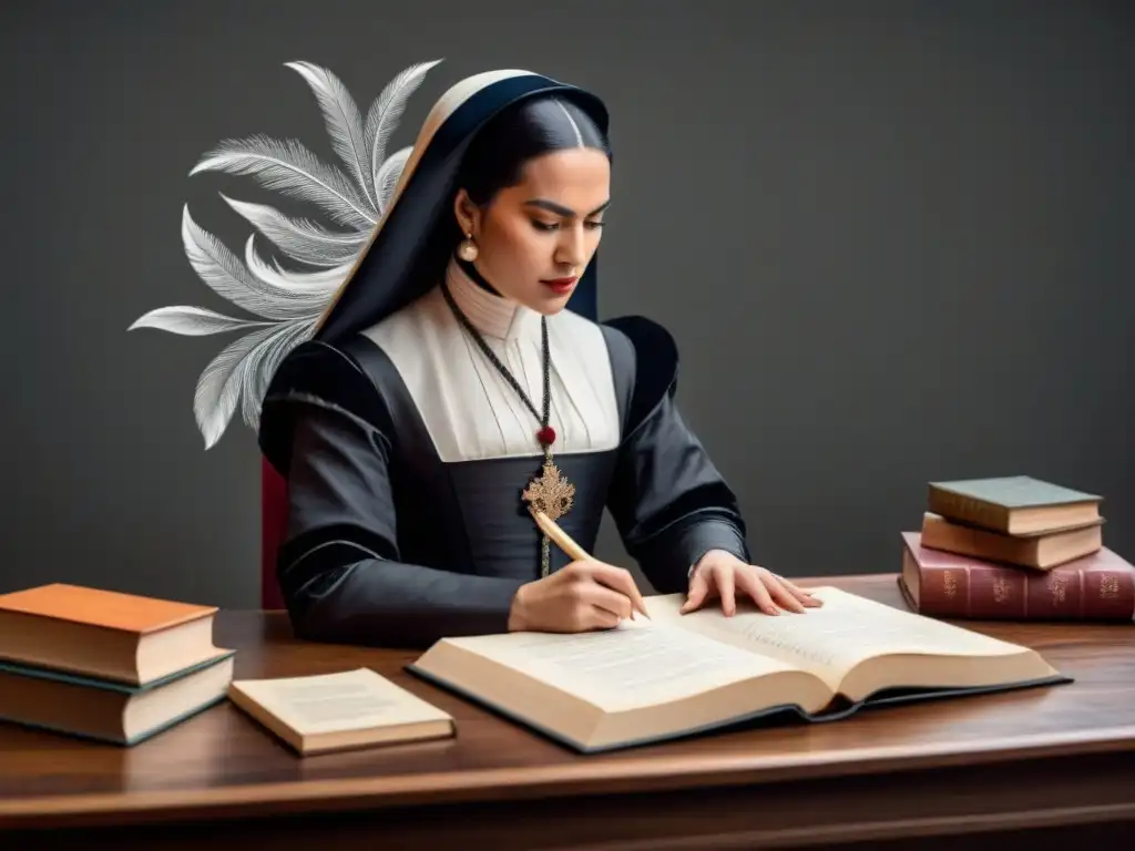 Ilustración minimalista en blanco y negro de Sor Juana Inés de la Cruz inmersa en escritura rodeada de plumas, libros y versos poéticos en caligrafía, capturando su lucha poética