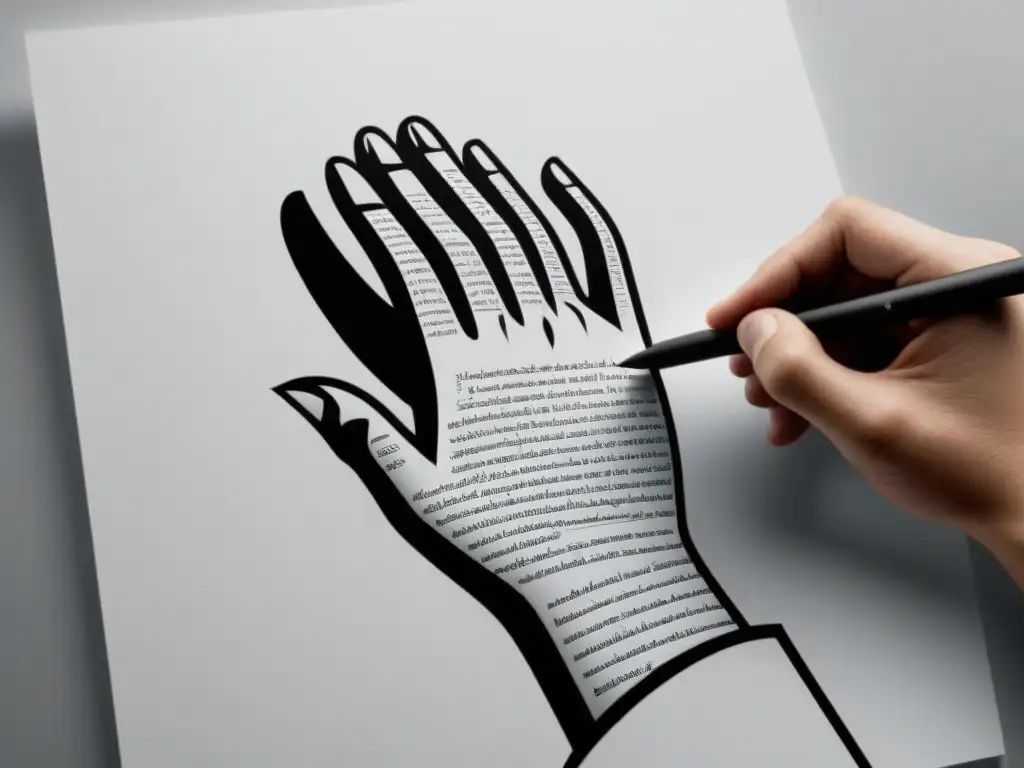 Ilustración minimalista en blanco y negro de una mano creando un caligrama, destacando el arte poético