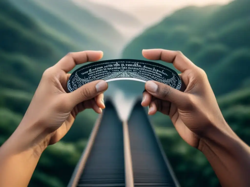 Ilustración minimalista en blanco y negro de dos manos sosteniendo un puente de papel, con versos poéticos