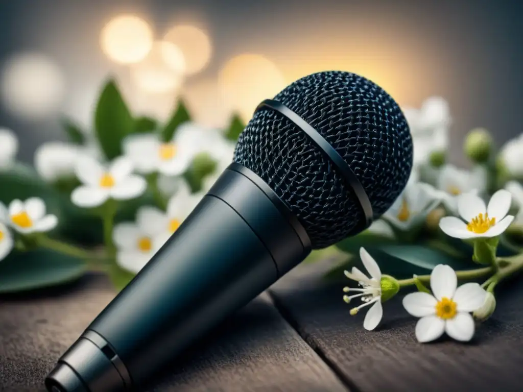 Ilustración minimalista en blanco y negro de un micrófono entretejido con flores en plena floración, simbolizando el poder transformador de la poesía