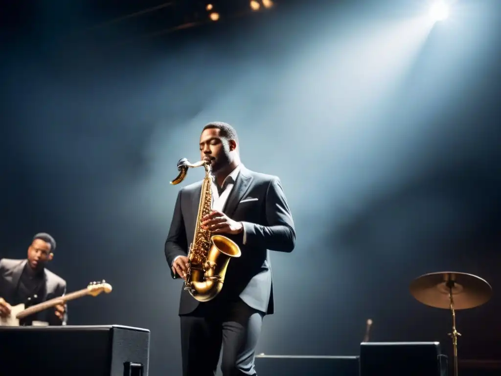 Ilustración minimalista en blanco y negro de un músico de jazz tocando el saxofón apasionadamente en un escenario tenue, con elementos surrealistas y notas musicales flotantes que se transforman en aves
