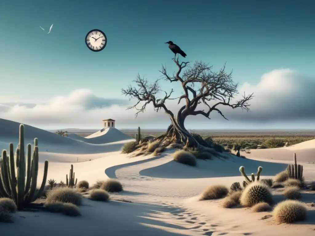 Escena surrealista: reloj derretido sobre árbol retorcido en desierto Ilustración minimalista en blanco y negro de paisaje onírico con reloj derretido sobre árbol retorcido y escalera hacia puerta flotante en el cielo