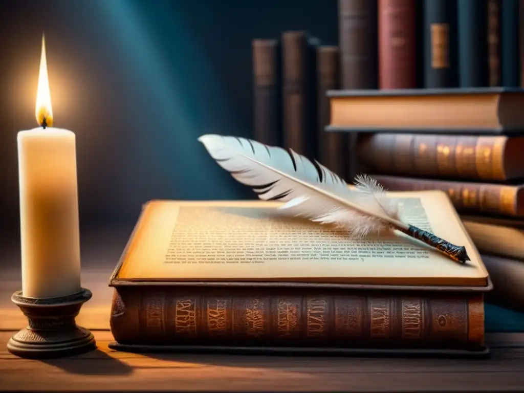 Pluma antigua sobre libros: escena poética iluminada Ilustración minimalista en blanco y negro: pluma sobre libros antiguos, luz de vela