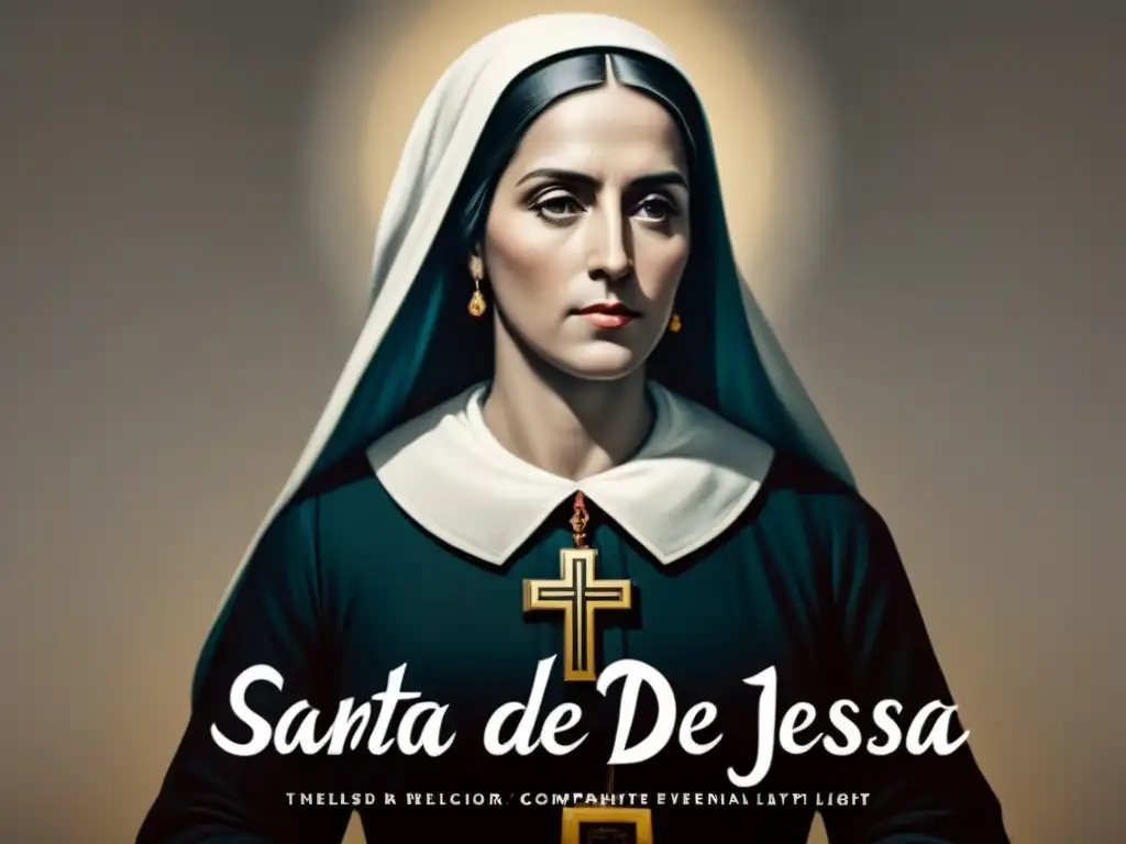 Santa Teresa de Jesús en ilustración minimalista en blanco y negro, rodeada de delicada caligrafía con sus versos poéticos en español, transmitiendo su voz poética en la Edad Media