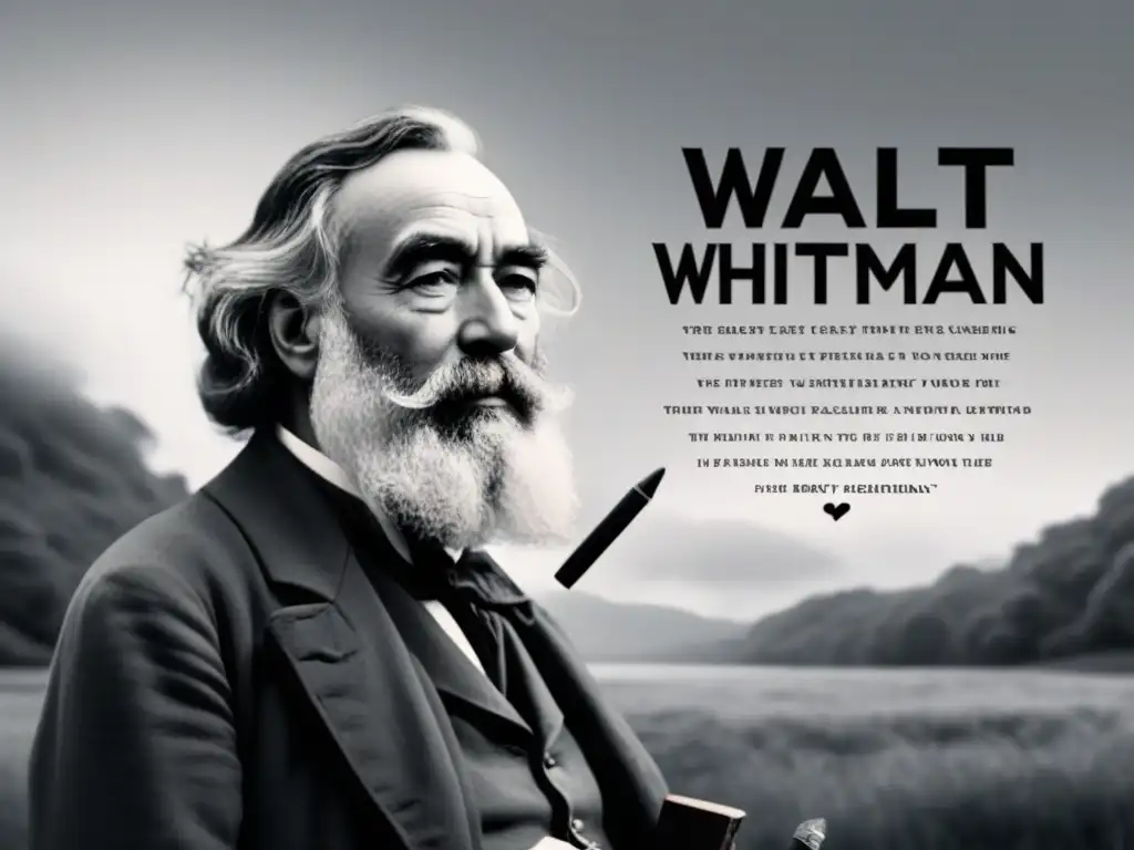 Ilustración minimalista en blanco y negro de Walt Whitman rodeado de palabras que representan su poesía, expresando pasión y determinación