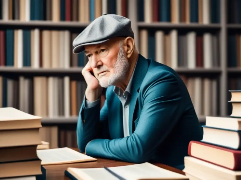 Ilustración minimalista en blanco y negro de Lawrence Ferlinghetti rodeado de libros y papeles, en profunda introspección