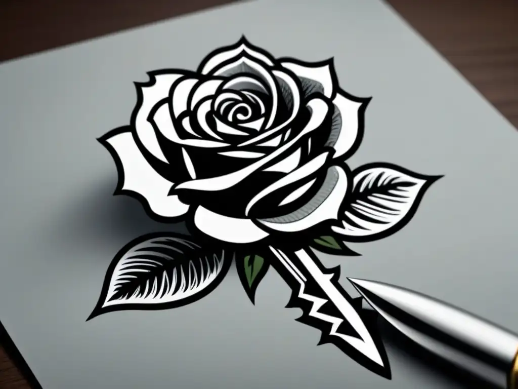 Ilustración minimalista en blanco y negro de una rosa atravesada por una daga, simbolizando la tragedia pasión Romeo Julieta poesía