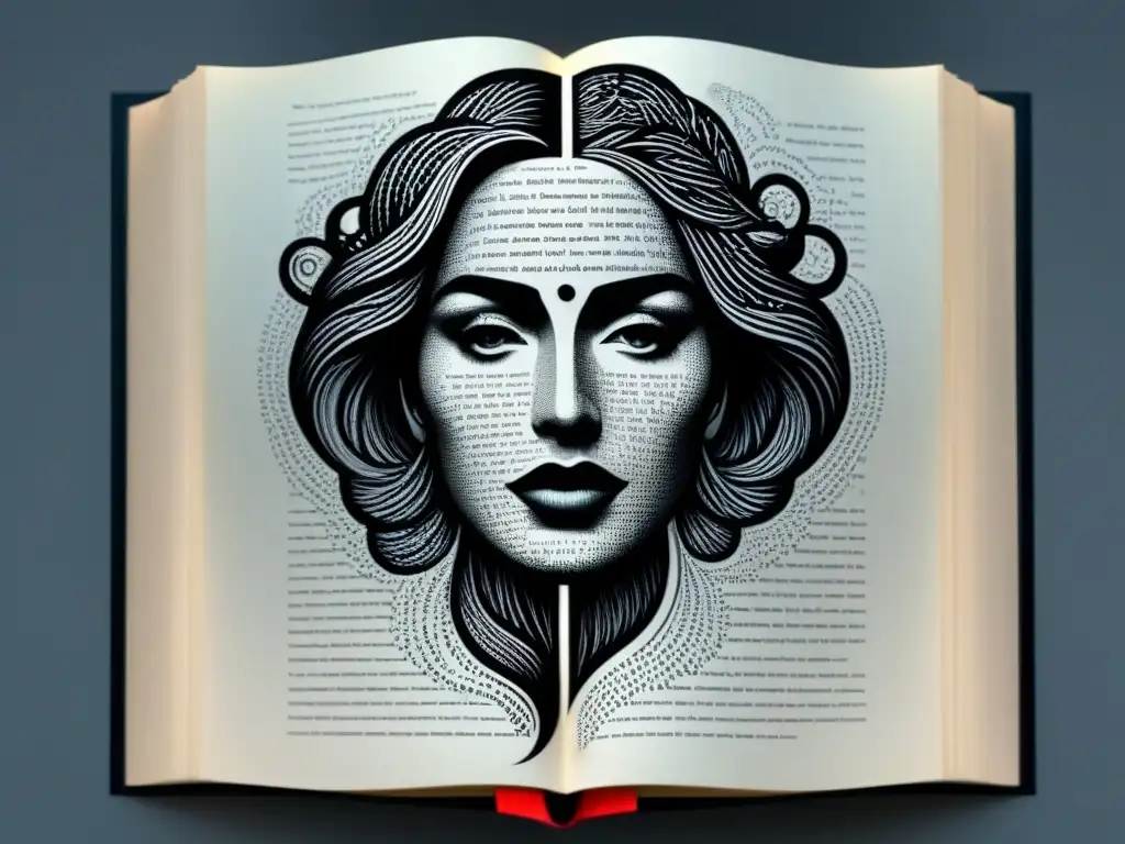 Ilustración minimalista en blanco y negro de un rostro fusionado con un libro de versos, simbolizando la identidad a través de versos