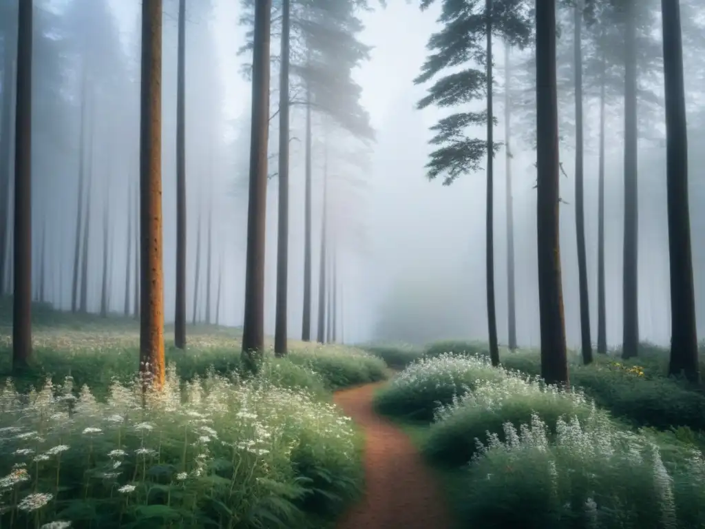 Ilustración minimalista en blanco y negro de un sereno bosque, árboles altos y delicadas flores silvestres