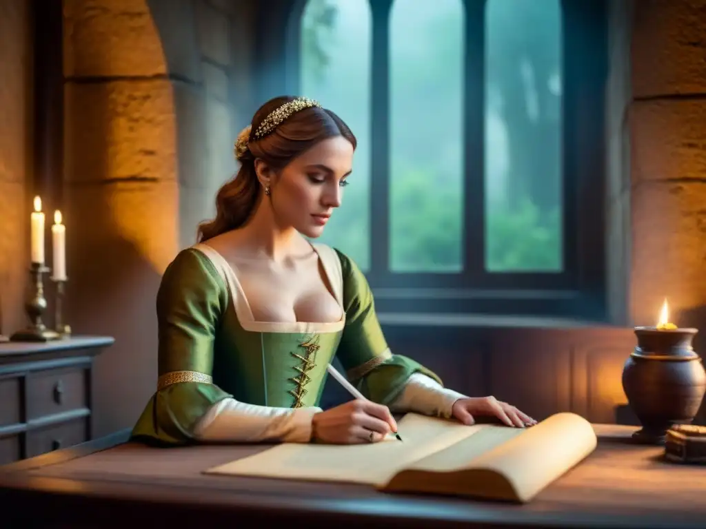 Marie de France en su estudio medieval, inspiración en la penumbra Ilustración minimalista de Marie de France en su cámara medieval, rodeada de pergaminos y plumas, con expresión contemplativa