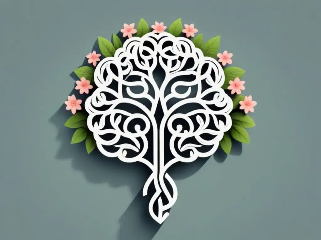 Ilustración minimalista de un cerebro con delicadas enredaderas y flores, simbolizando la introspección psicológica a través de poesía