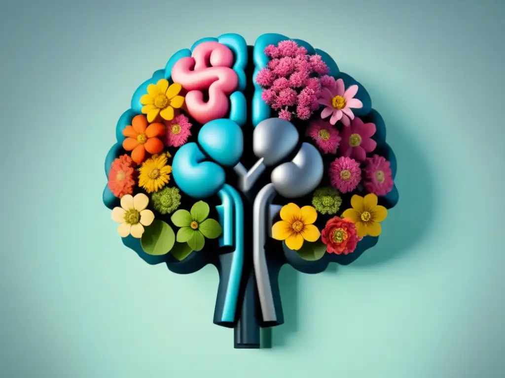 Ilustración minimalista de un cerebro humano dividido entre maquinaria y flores, simbolizando la dualidad mente-creatividad