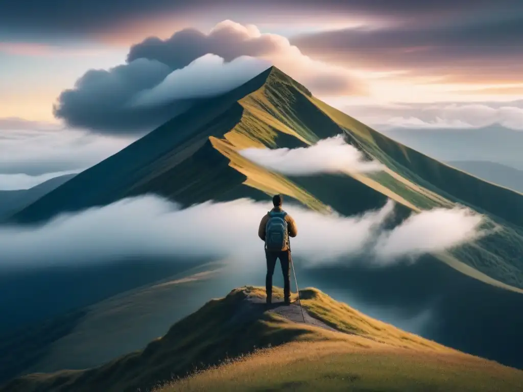 Un ilustración minimalista detallada de una figura solitaria en una cima de montaña, rodeada de nubes y contemplando un paisaje expansivo