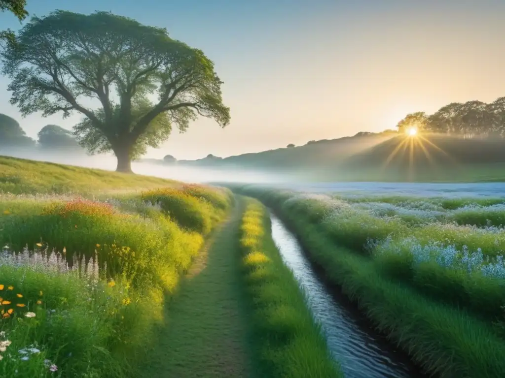 Ilustración minimalista detallada de un paisaje campestre sereno con pradera verde, flores silvestres y arroyo, bañado en luz dorada