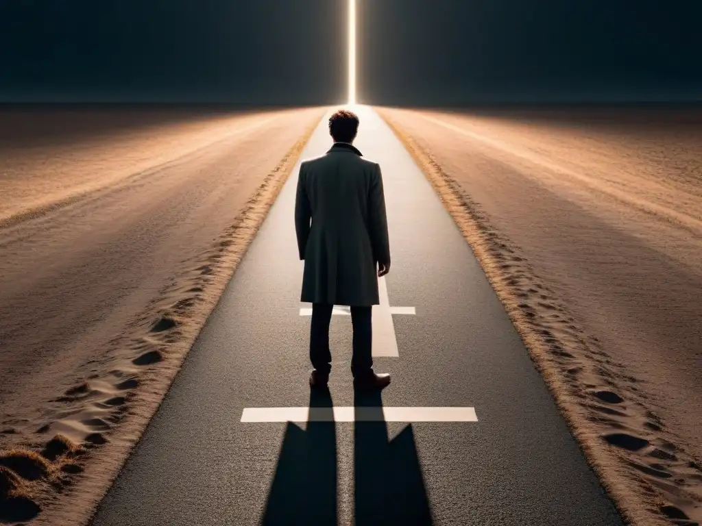 Ilustración minimalista: figura en encrucijada entre luz y oscuridad, reflejo de las decisiones morales en 'Fausto' de Goethe