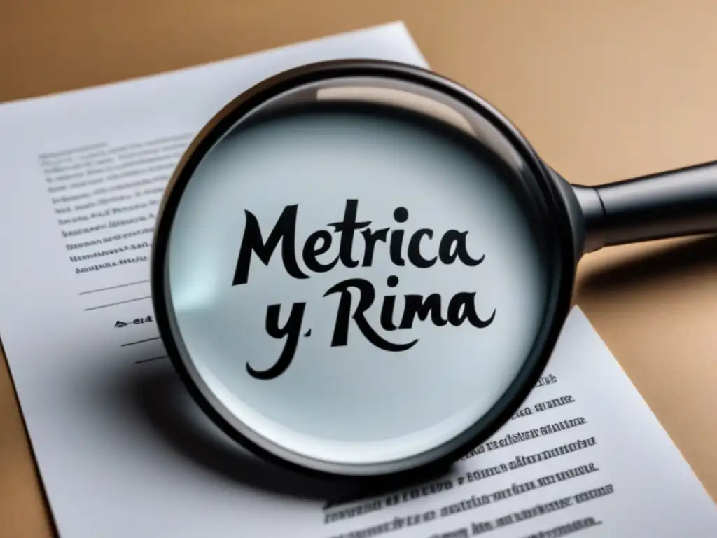 Ilustración minimalista de lupa sobre poema escrito a mano: 'Importancia de métrica y rima'