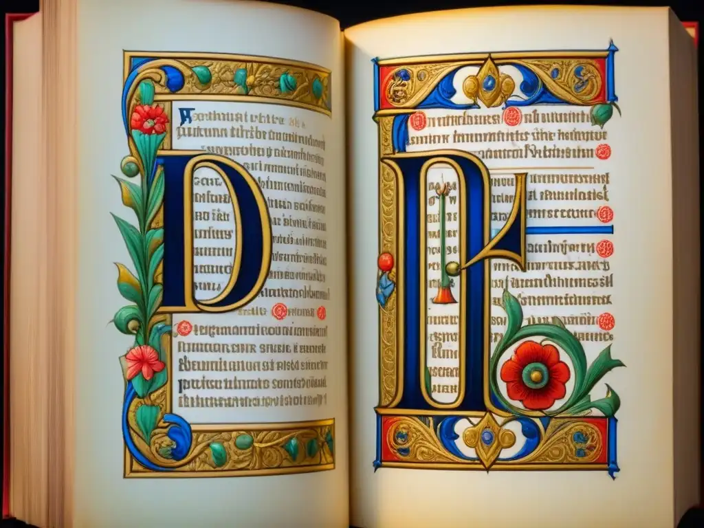 Detalle exquisito de manuscrito medieval ilustrado Ilustración minimalista de un manuscrito iluminado medieval con motivos florales, colores vibrantes y una letra capital decorada en un verso poético