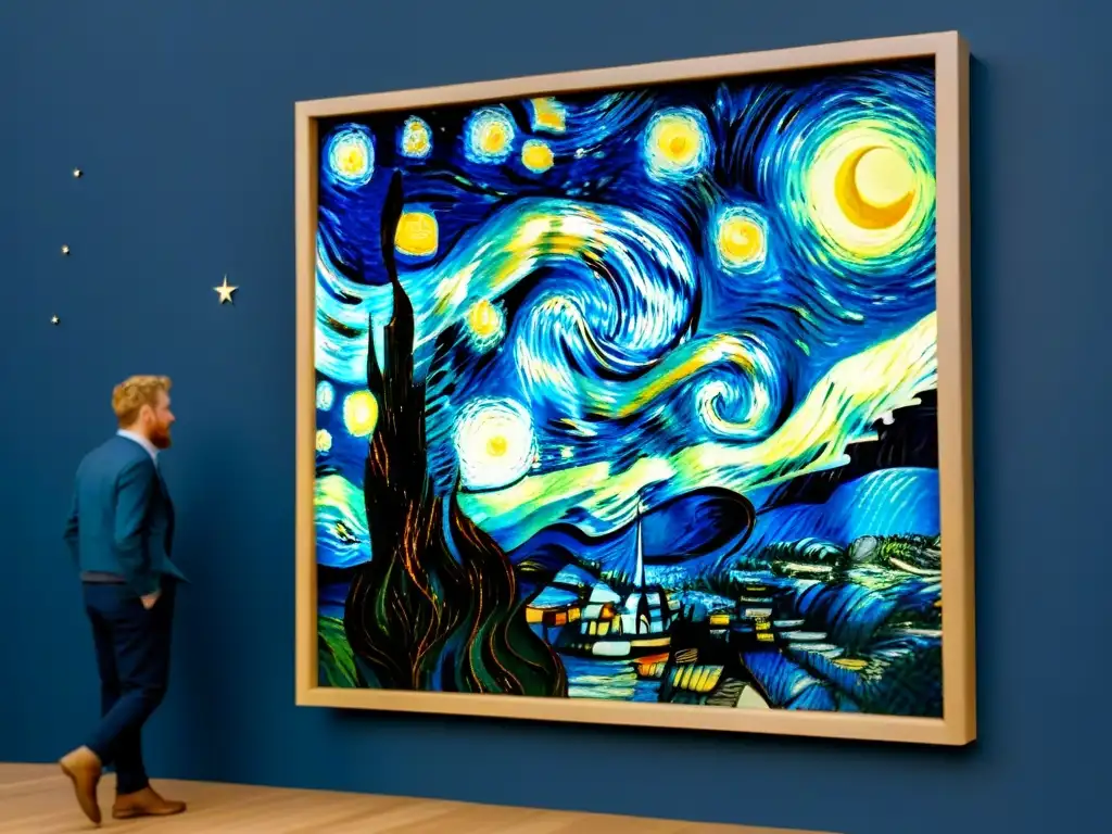 Recreación minimalista de 'La noche estrellada' de Vincent van Gogh, capturando su esencia en un estilo moderno y limpio