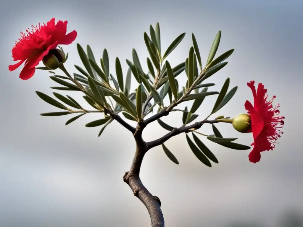 Ilustración minimalista de ramas de olivo y una flor roja, simbolizando elementos de Lorca