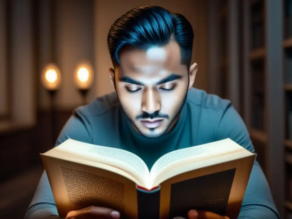 Mirada intensa en libro de poesía, reflejando profundidad y contemplación