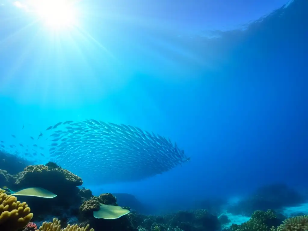 Misteriosa belleza: cardumen iridiscente nada entre corales vibrantes en el fondo marino azul, bañados por luz solar