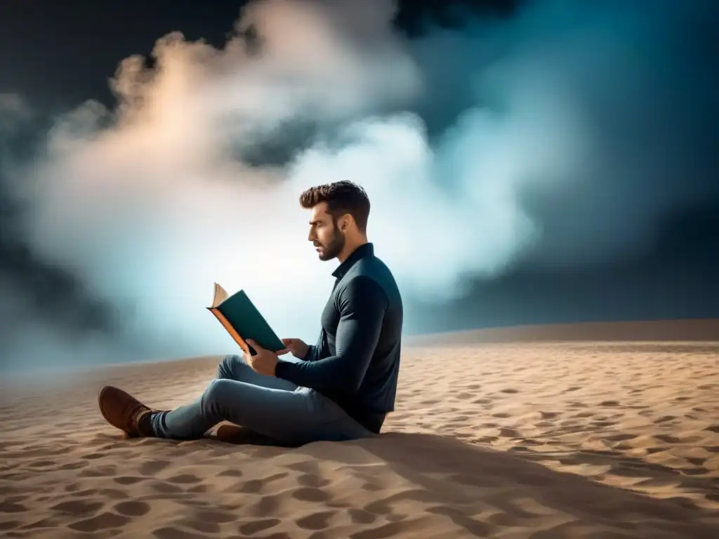 Figura en sombras leyendo poesía con historias ocultas Un misterioso ser leyendo poesía, rodeado de historias ocultas en abstractos