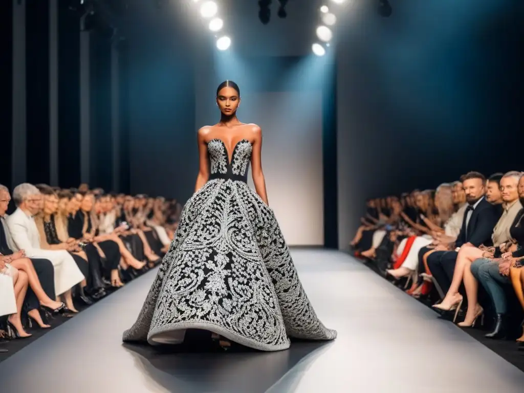 Desfile de moda poética: poesía en la pasarela Una modelo de pasarela lleva un vestido vanguardista inspirado en poesía, exhibiendo elegancia y poesía en la moda transformadora