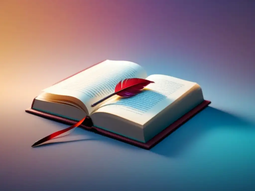 Fusión poesía filosofía literatura moderna: Ilustración minimalista de pluma, piedra filosofal y libro, en armonía de colores pastel