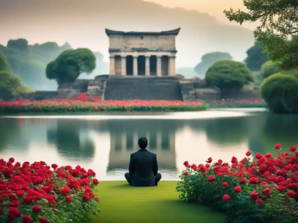 Un momento de amor y melancolía en Petrarca: figura solitaria frente al lago, rosas en flor y ruinas antiguas