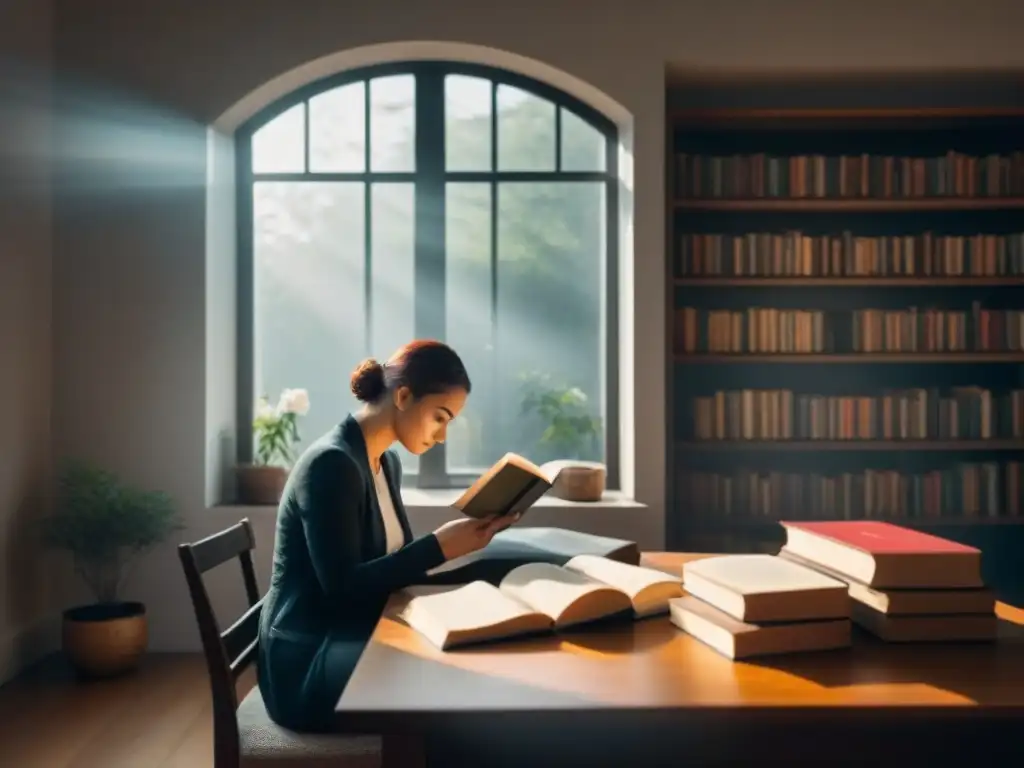 Serena lectura de poesía en un ambiente minimalista Un momento de calma y reflexión en una habitación soleada, leyendo poesía