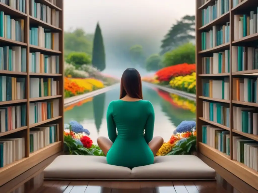 Un momento de ensueño: una persona frente al espejo rodeada de libros y poesía, reflejando un jardín vibrante