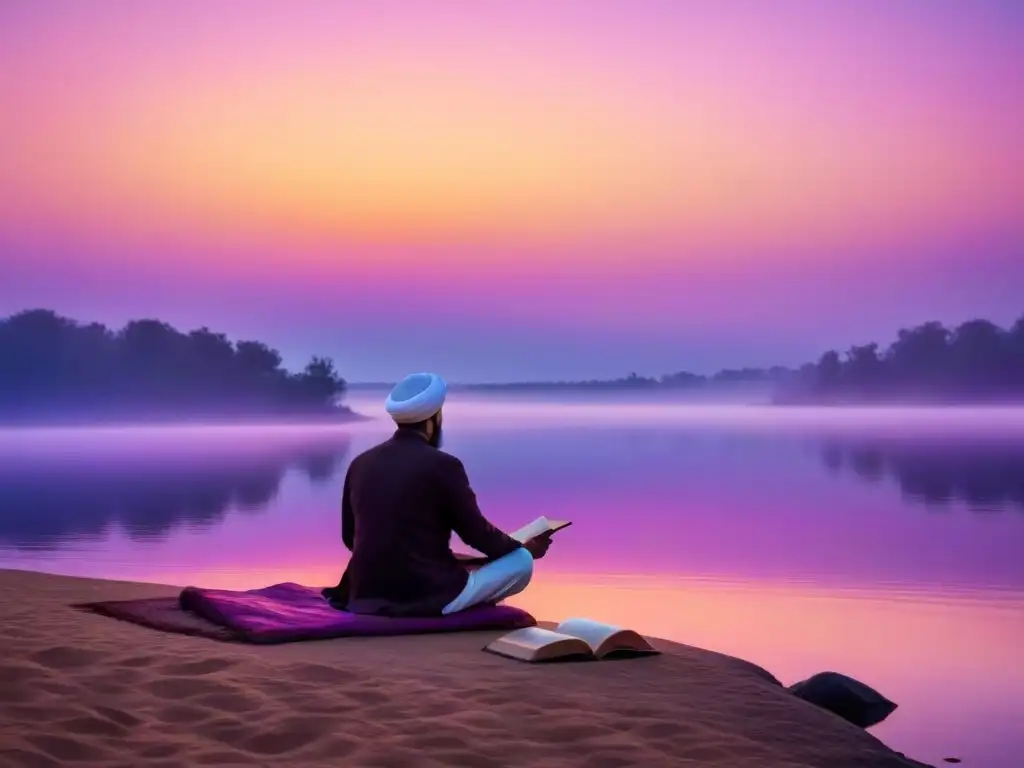 Un momento de introspección leyendo poesía Sufi junto al lago al atardecer