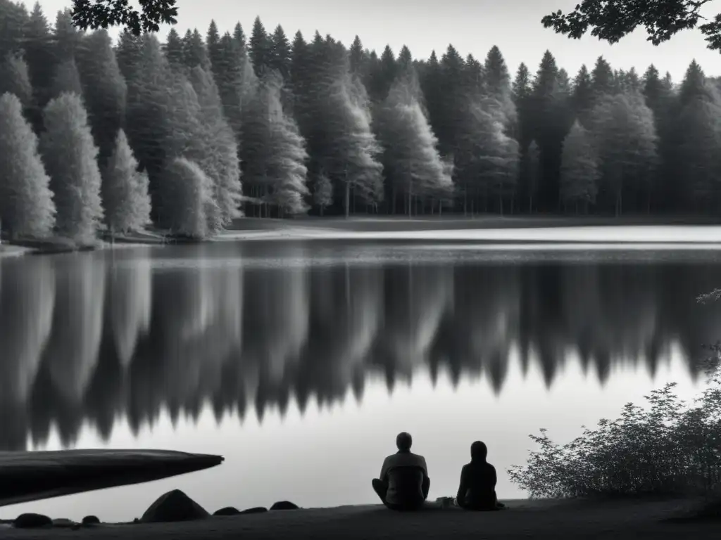 Un momento de introspección junto al lago en blanco y negro