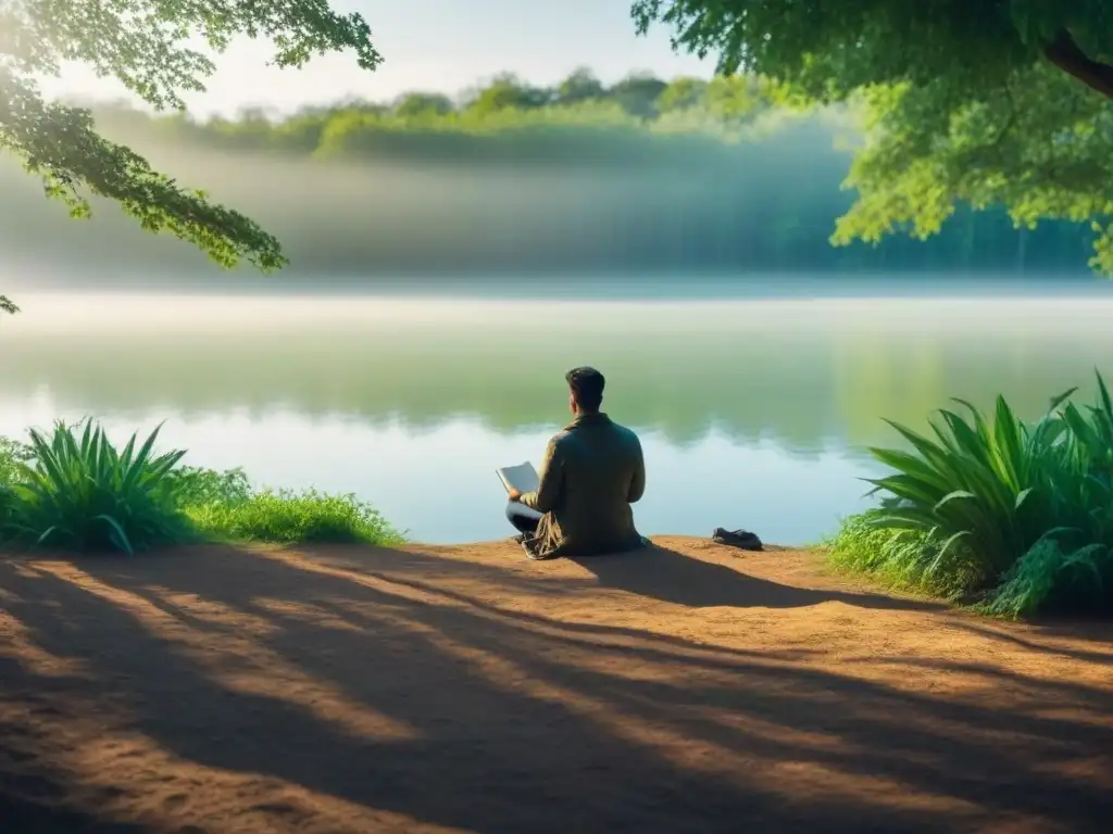 Un momento de introspección junto al lago, leyendo poesía entre la naturaleza