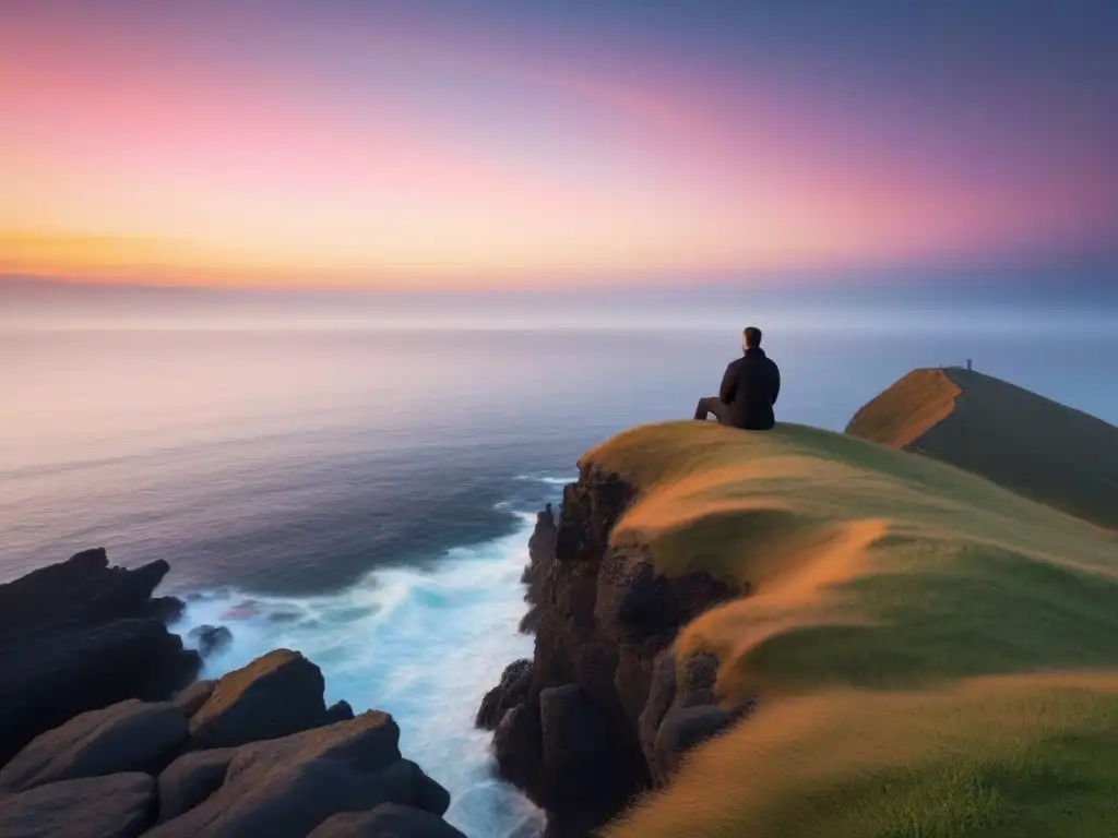 Un momento de paz y contemplación en un acantilado al atardecer sobre un mar tranquilo