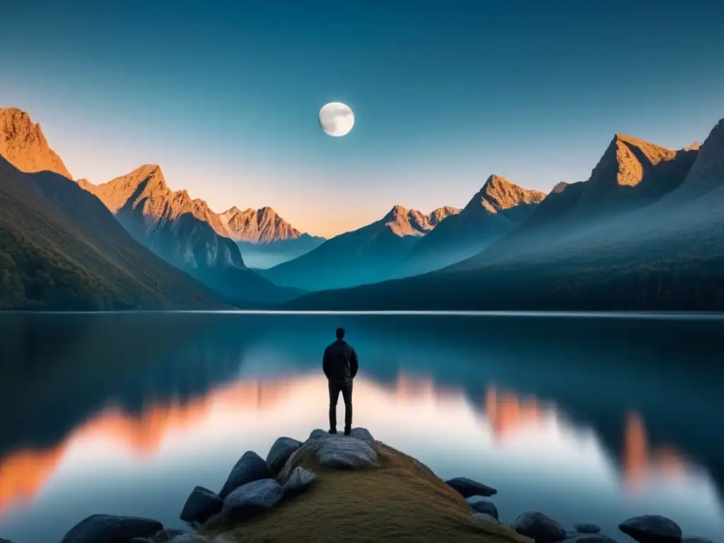 Un momento de introspección poética en un lago sereno bajo la luna llena, conectando emociones en la poesía personal transformadora universal