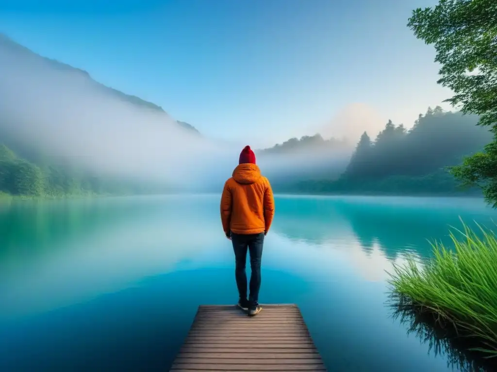 Un momento poético de conexión entre el hombre y la naturaleza en un lago tranquilo