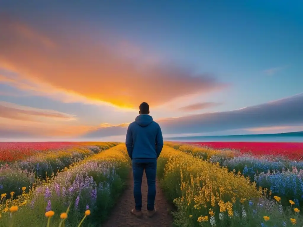 Un momento poético de transformación, con una persona en un campo de flores al atardecer