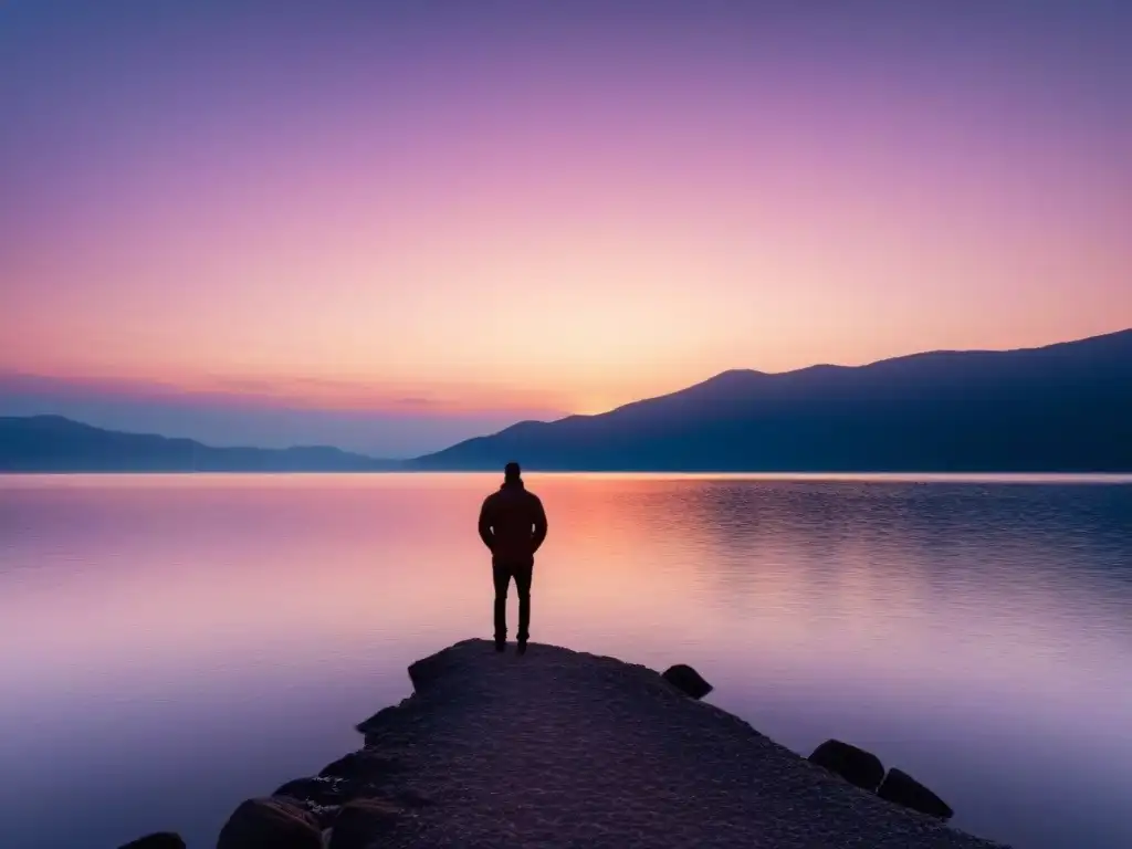 Un momento de reflexión al atardecer en un lago, inspirado en la poesía de Neil Hilborn sobre salud mental