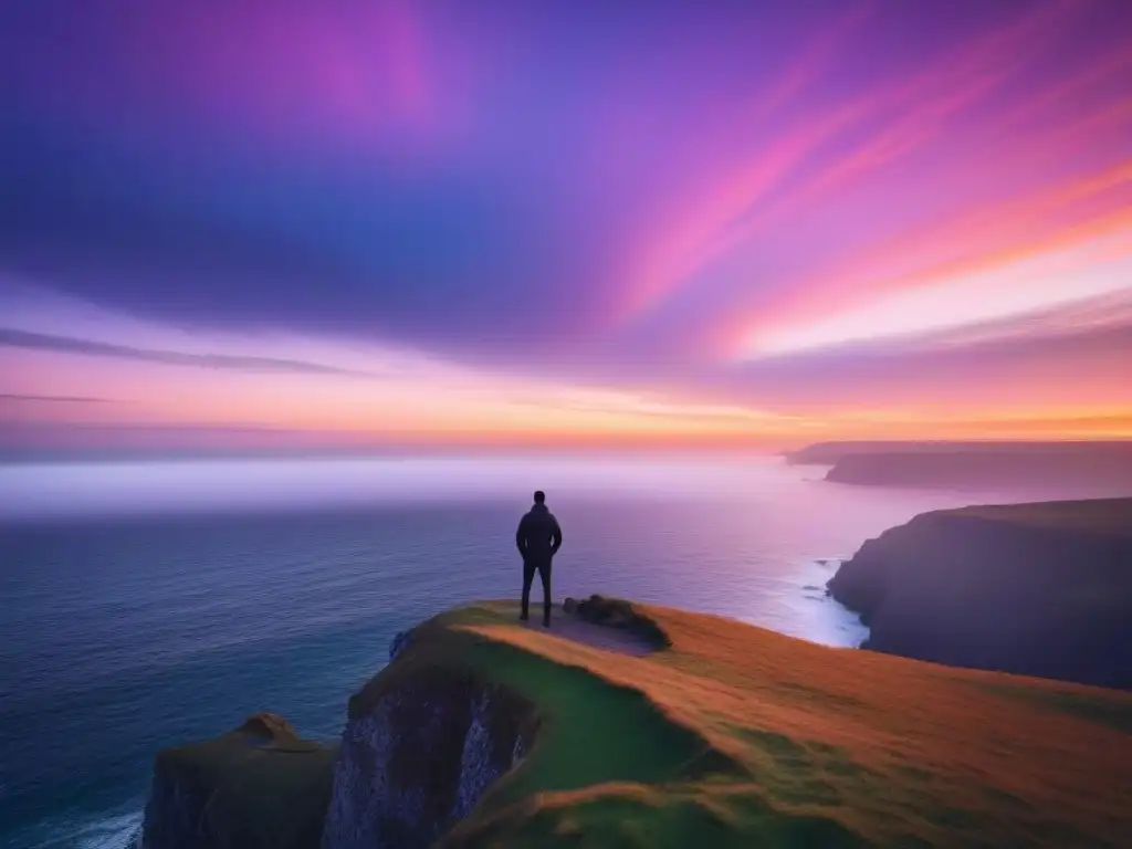 Un momento de reflexión en la naturaleza: una figura solitaria en un acantilado, contemplando un océano tranquilo al atardecer